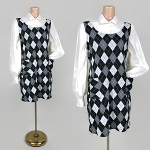 VINTAGE 90s Argyle Print Mini Baby Doll Jumper Dress by Special Previews S/M